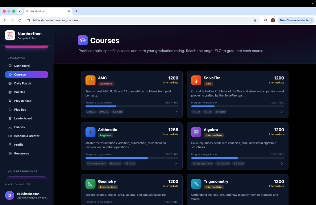 Numberthon courses dashboard with progress tracking