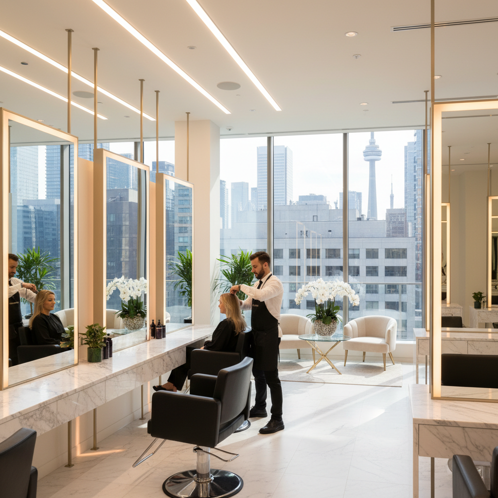 High-end salon and spa in Yorkville Toronto with marble and warm lighting