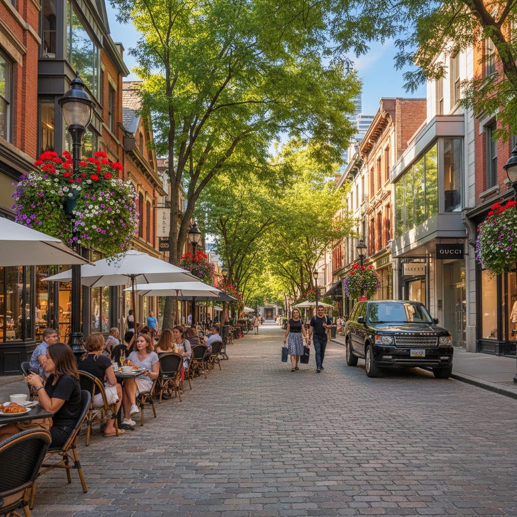 Yorkville Avenue cobblestone street with boutiques, patios, and flower baskets on a sunny day