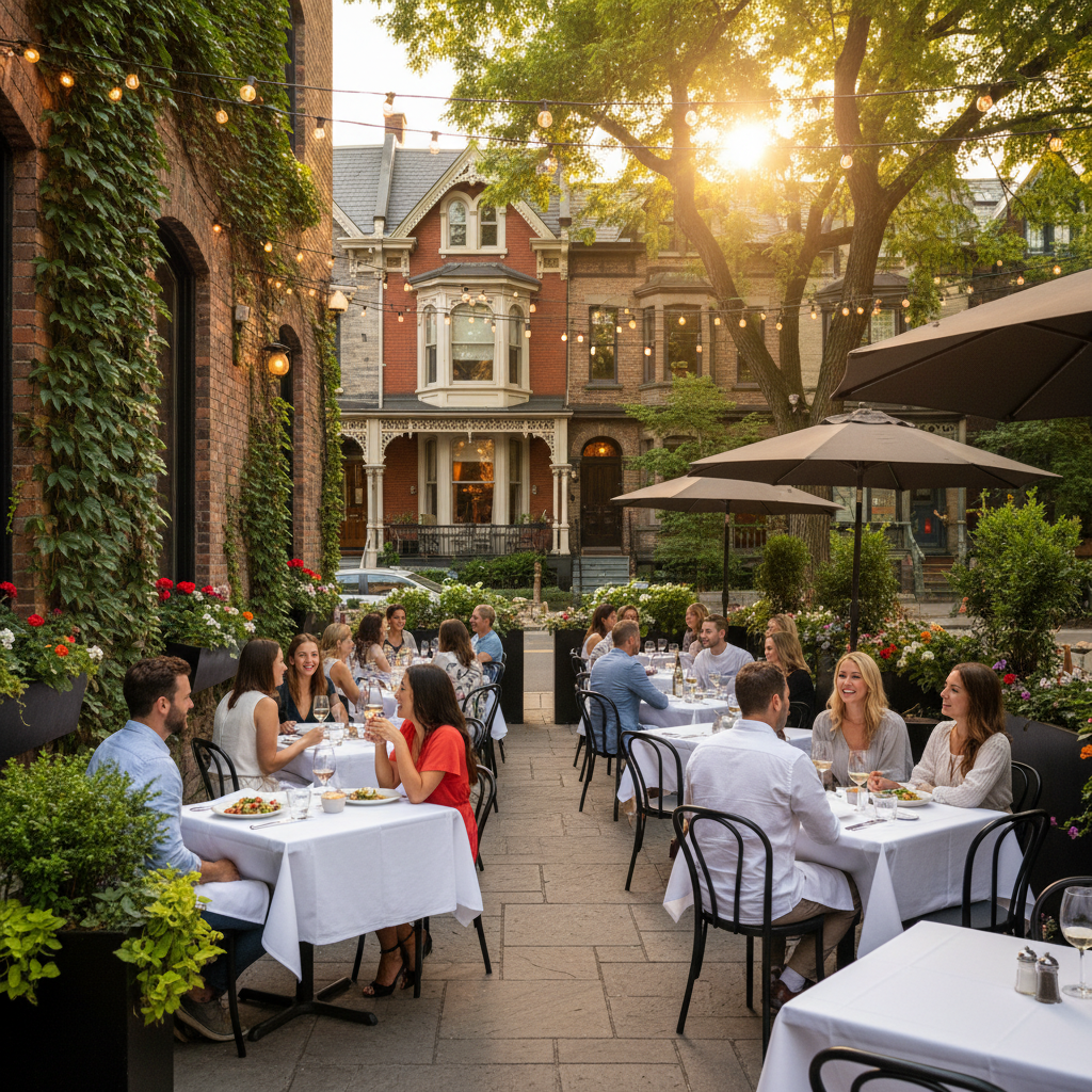 Outdoor restaurant patio on Yorkville Avenue with string lights and diners