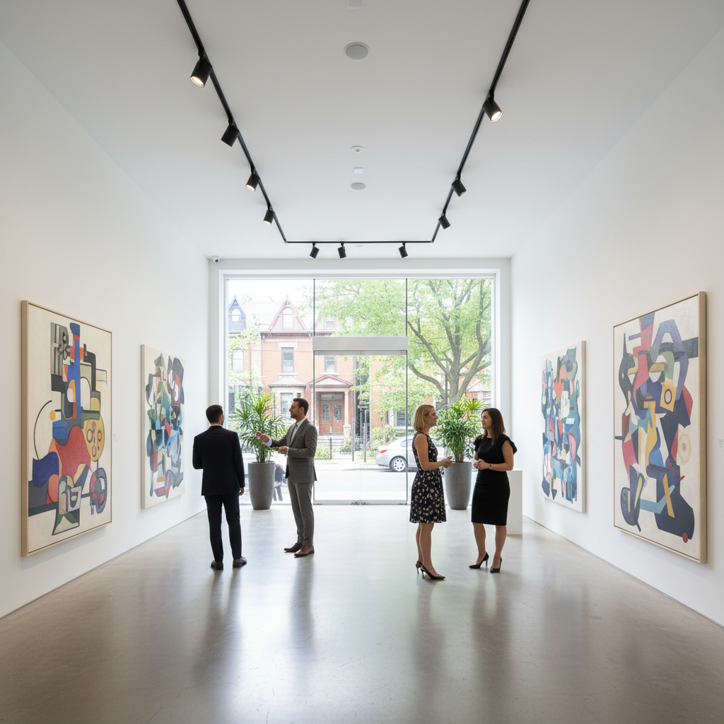 Modern art gallery interior in Yorkville Toronto with contemporary paintings