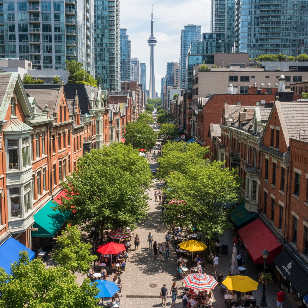 Aerial view of Yorkville neighborhood Toronto with tree-lined streets and patios