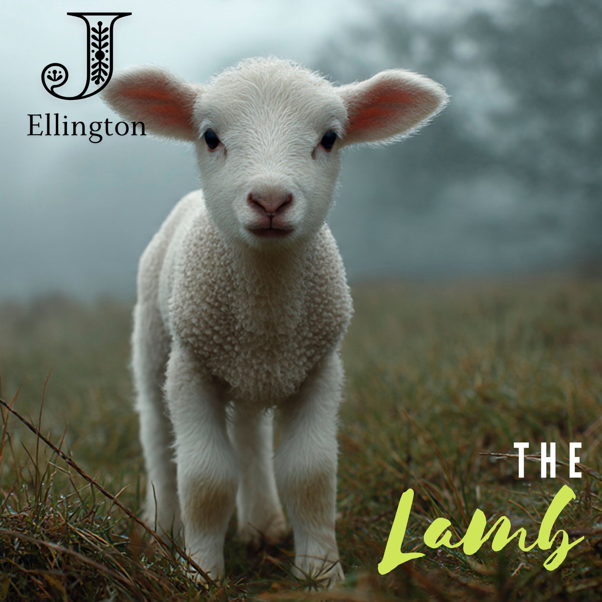 A young lamb standing in a green field — The Lamb, cover art by J Ellington