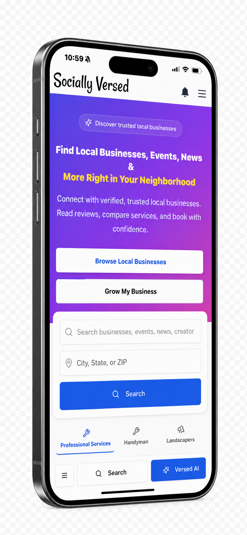 Socially Versed mobile app — discover local businesses, search, and events