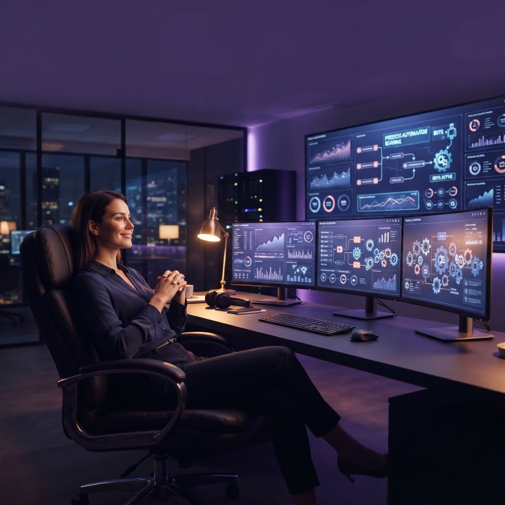 Dashboards e fluxos automatizados rodando em telas de computador