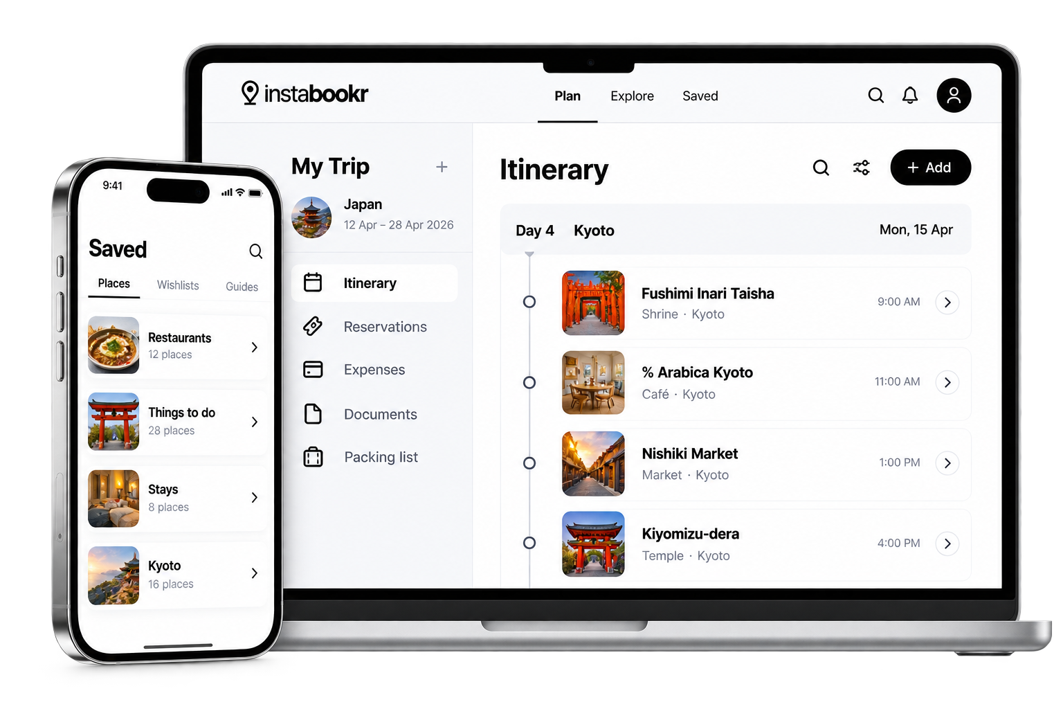 InstaBookr app on phone and laptop showing saved places and a Japan itinerary