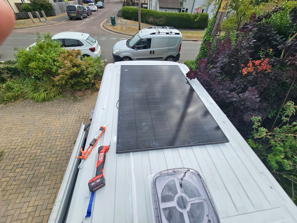 Solar panel roof mount on motorhome by ALP Vans - rigid solar panel installation mobile service