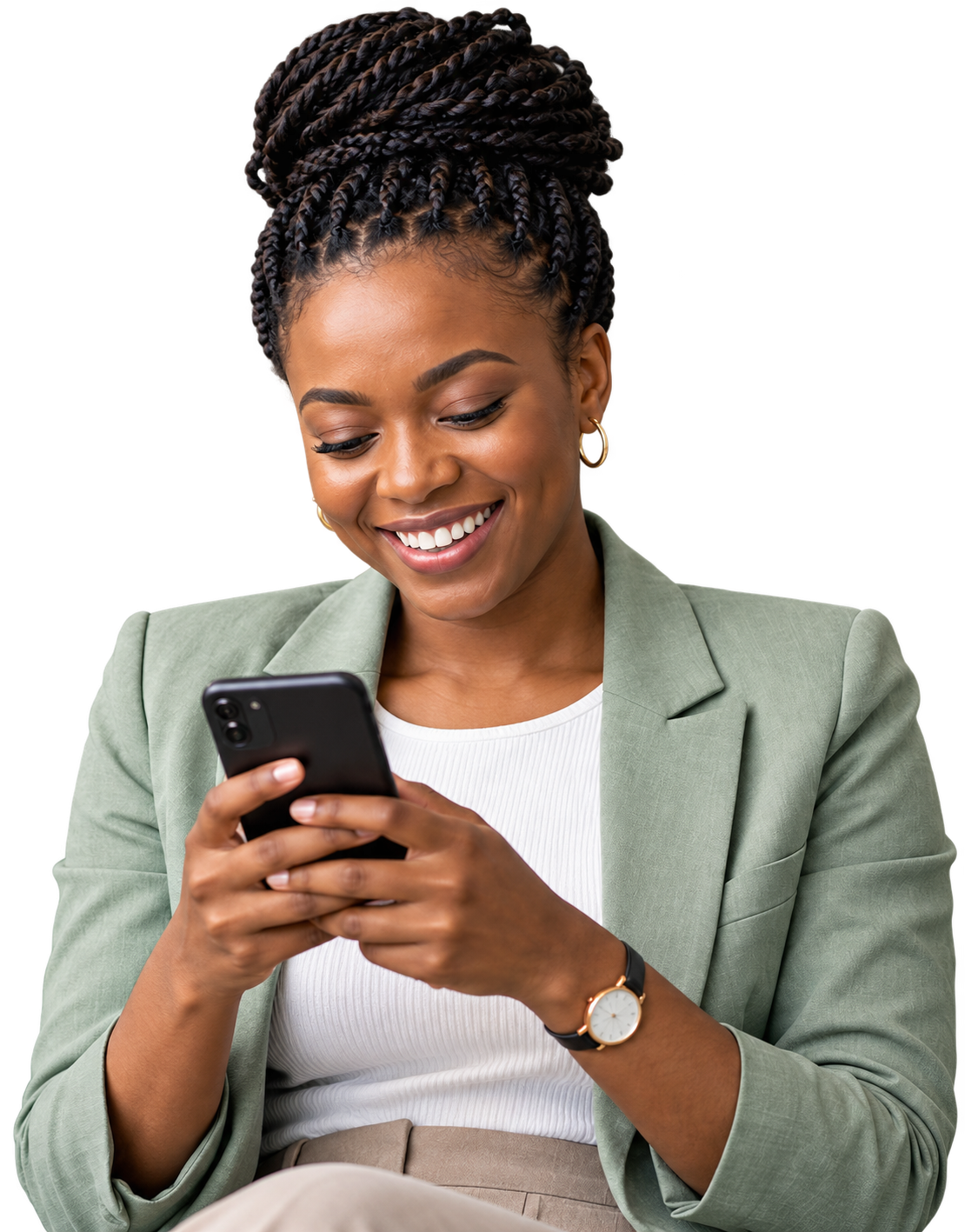 Smiling jobseeker reading job alerts on her phone