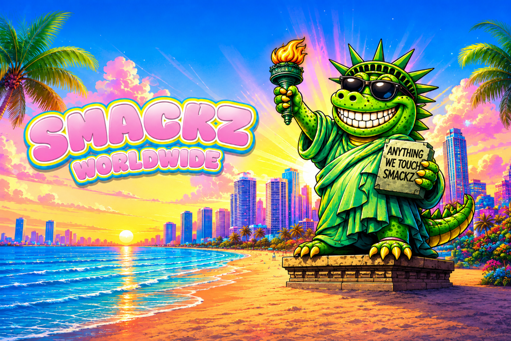 Max the SMACKS alligator holding the Smacks tablet on a Miami sunset beach