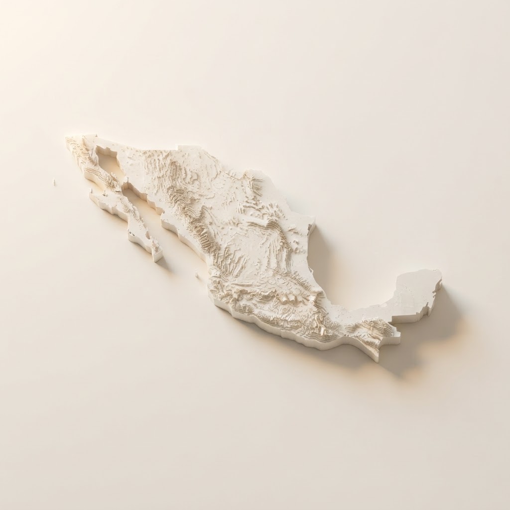 Mapa topográfico tridimensional de México en marfil