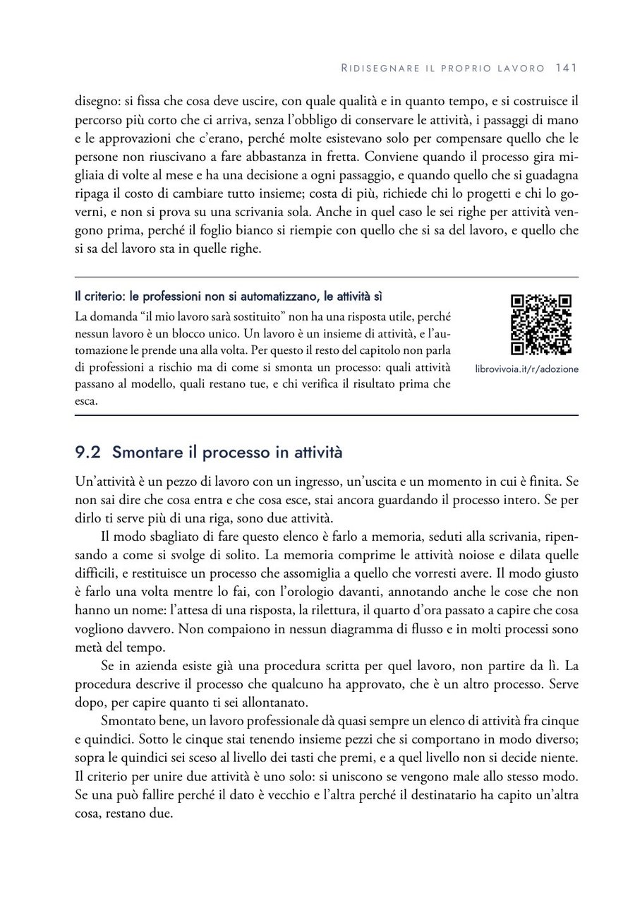 Pagina 141 del libro, capitolo 9: il riquadro con il codice QR che porta a librovivoia.it/r/adozione