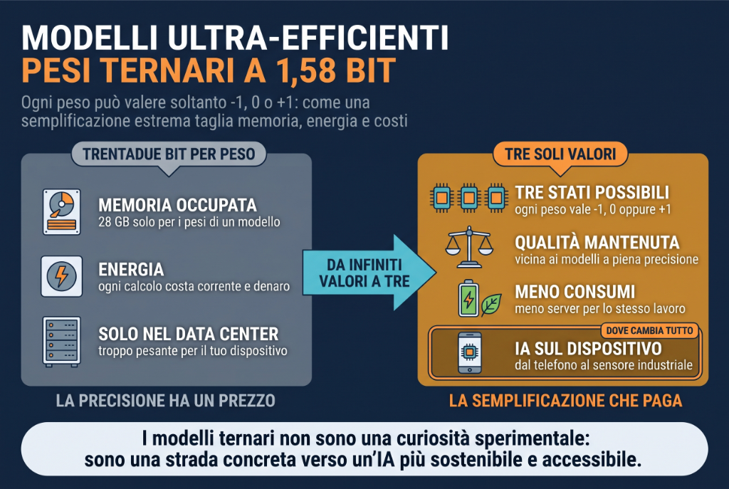 Copertina dell'articolo: Modelli LLM ultra-efficienti con pesi ternari (1,58 bit)