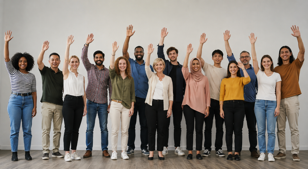 Large diverse group of adults standing and raising hands to be picked