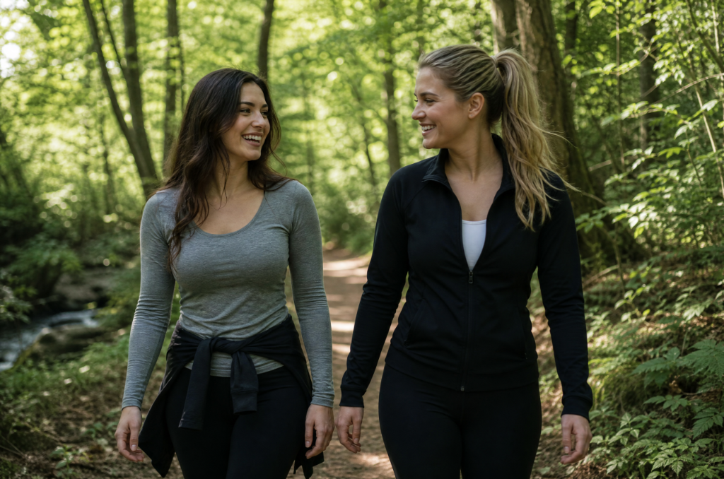 Two women walking down a trail