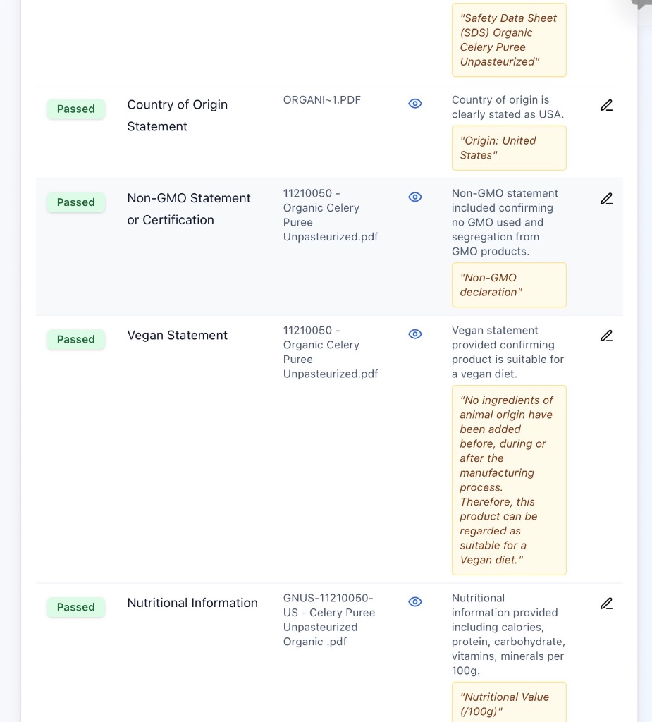 Requirement rows with source citations and extracted supplier document snippets
