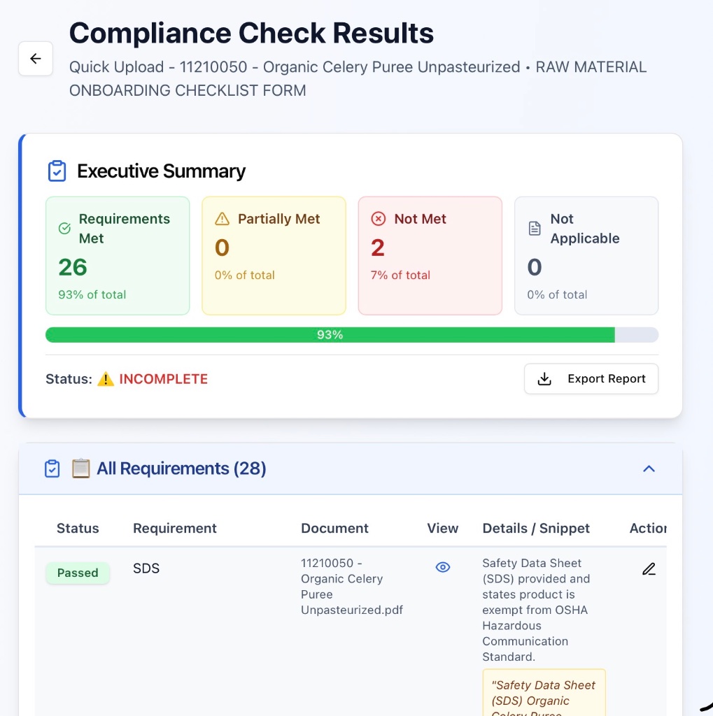 DocSearchCheck Compliance Check Results — Executive Summary showing requirements met, not met, and citation-backed evidence rows