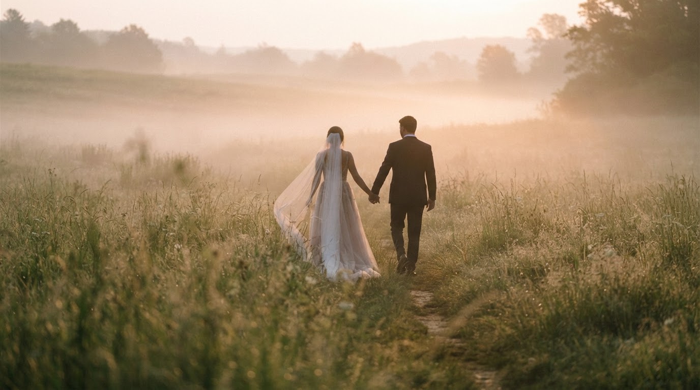 Wedding couple walking through a misty meadow at golden hour