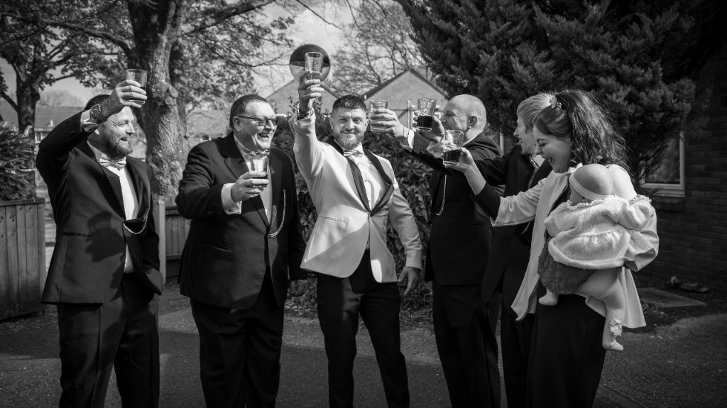 Wedding party toast in black and white