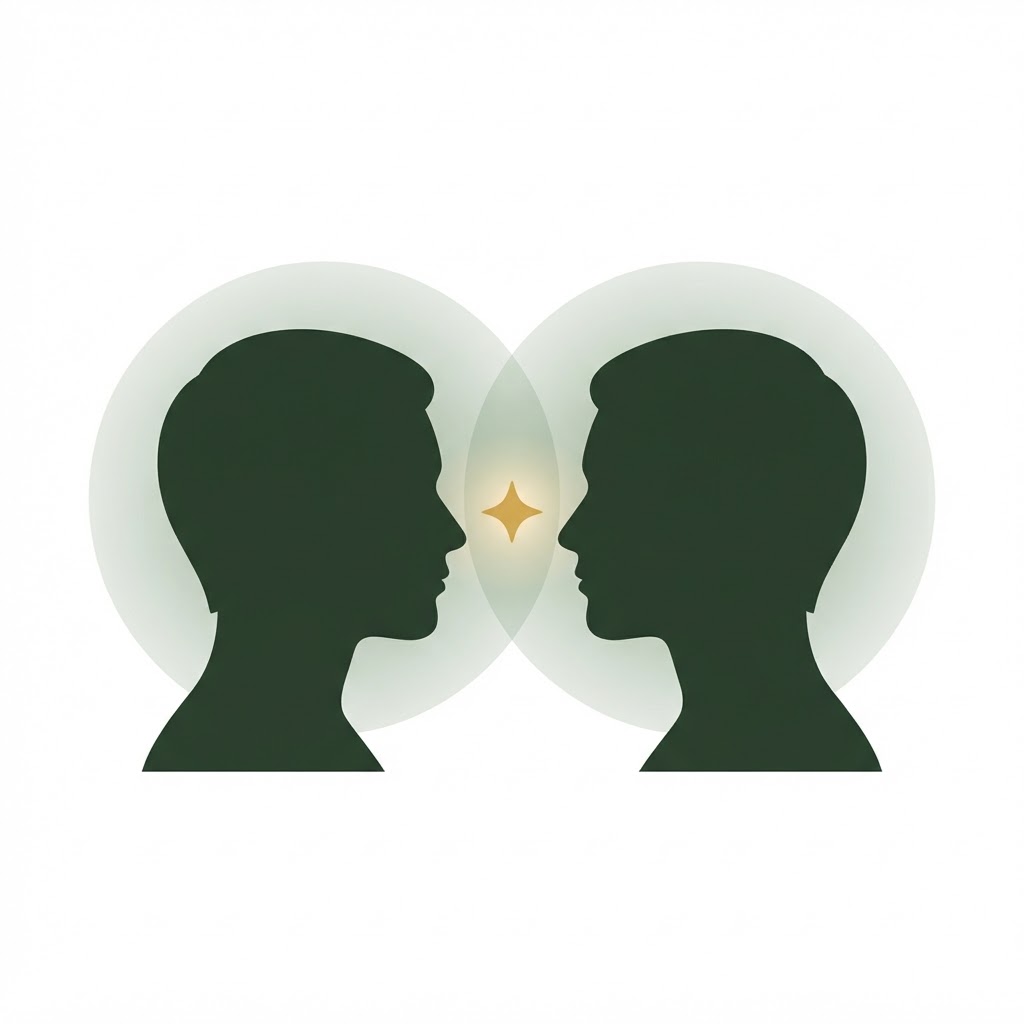 Two human silhouettes connected by a glowing gold signal