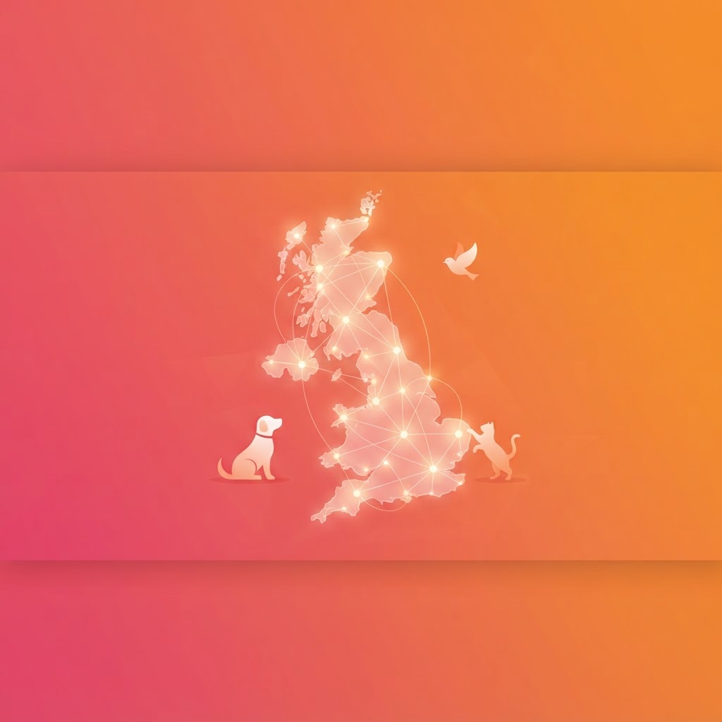 Map of the United Kingdom formed from connected glowing nodes on a coral-to-orange gradient, symbolising My Pet Pal's nationwide connected pet care ecosystem launch