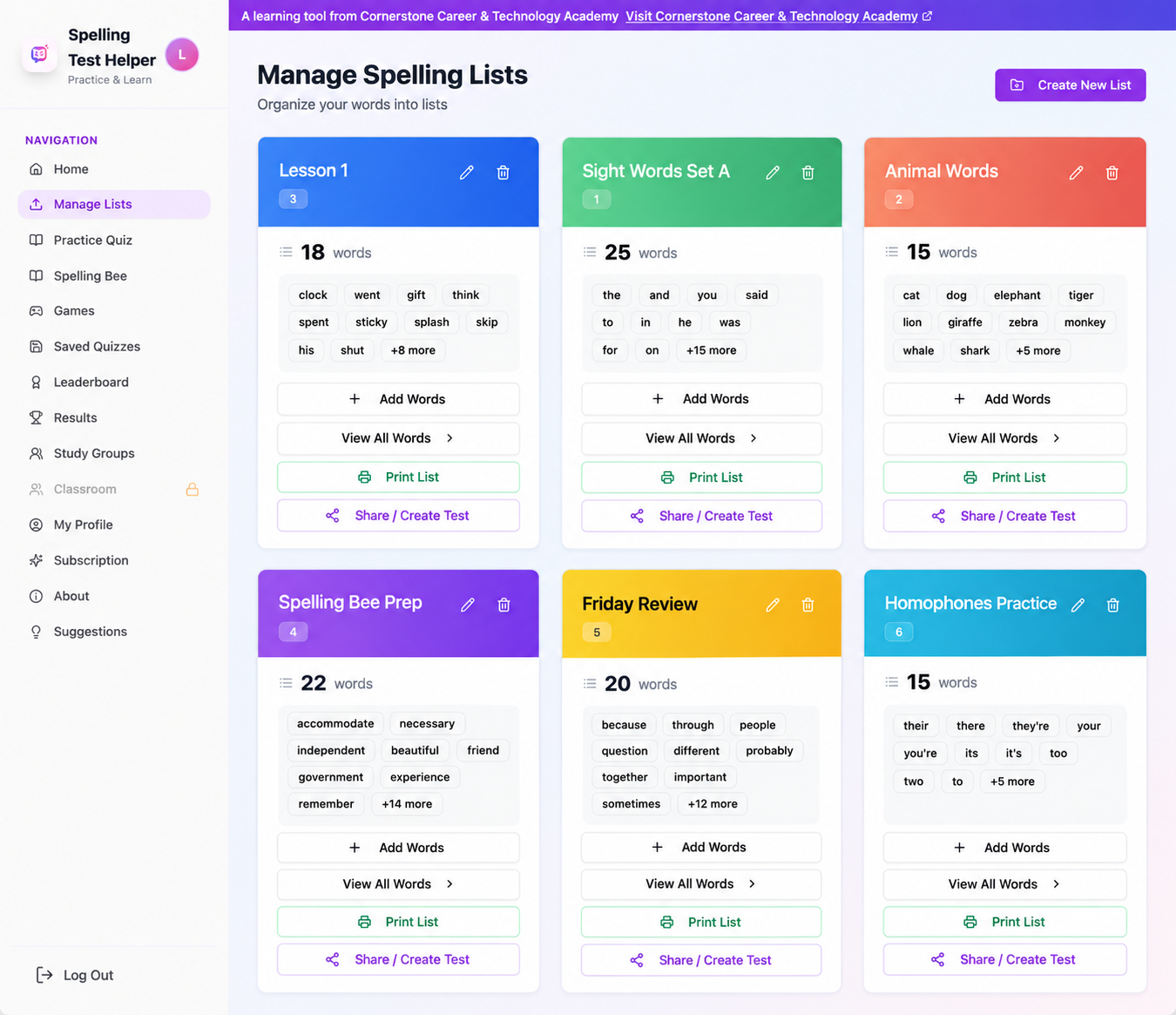 Manage Spelling Lists page showing a grid of color-coded list cards with word pills, word counts, and actions for adding words, printing, and sharing