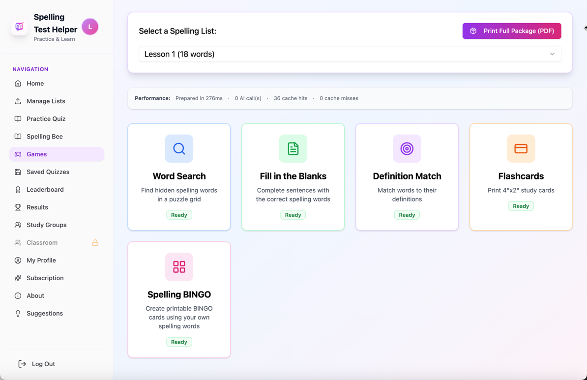 Games page showing word search, fill in the blanks, definition match, flashcards, and spelling BINGO