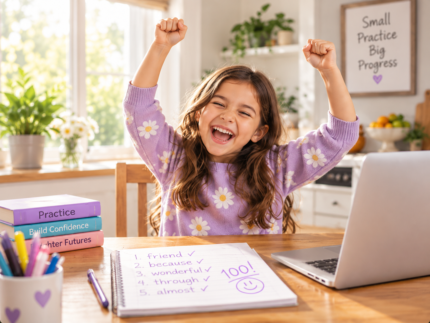 Child celebrating after successfully completing spelling practice at home.