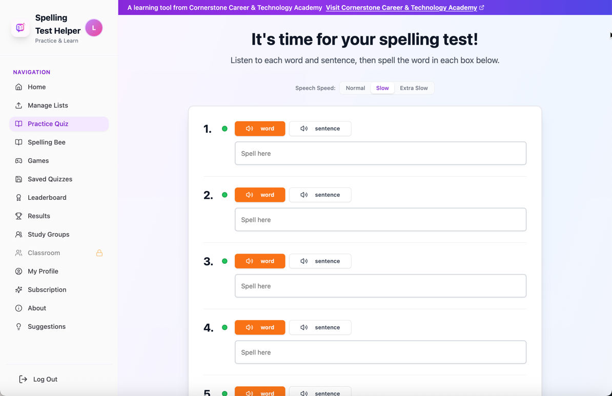 Practice Quiz screen with audio pronunciation buttons and spelling input fields
