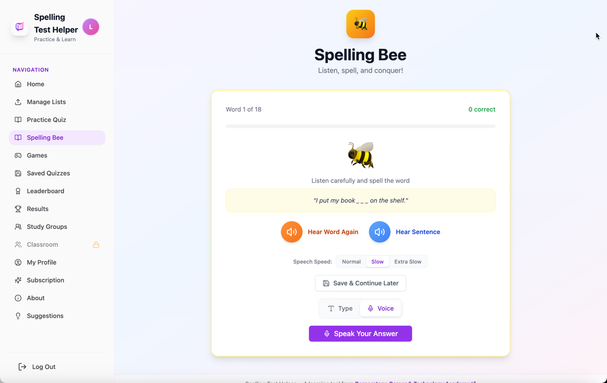 Spelling Bee practice page with audio pronunciation, sentence context, speech speed controls, and voice input