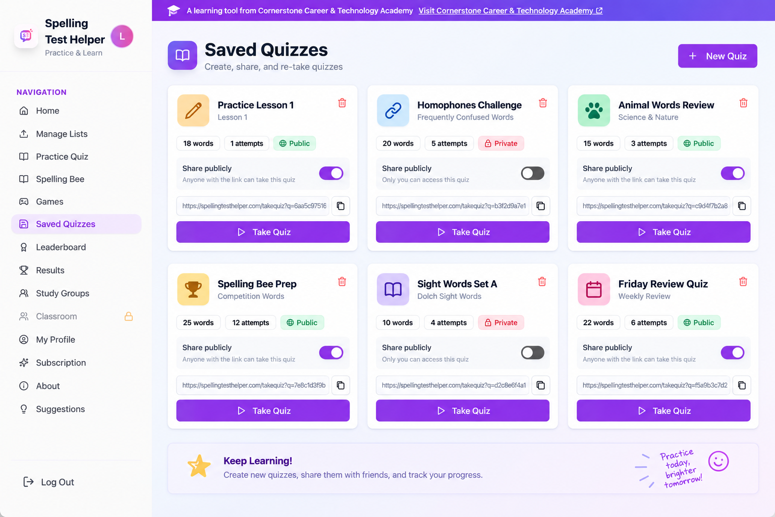 Saved Quizzes page showing quiz cards with word counts, attempt counts, public/private sharing toggles, shareable links, and take quiz buttons