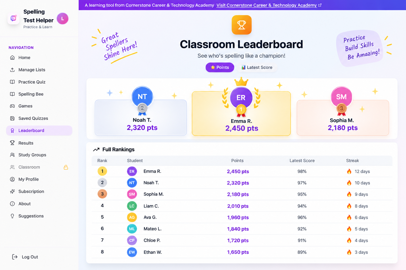 Classroom leaderboard with top-three podium and full rankings table