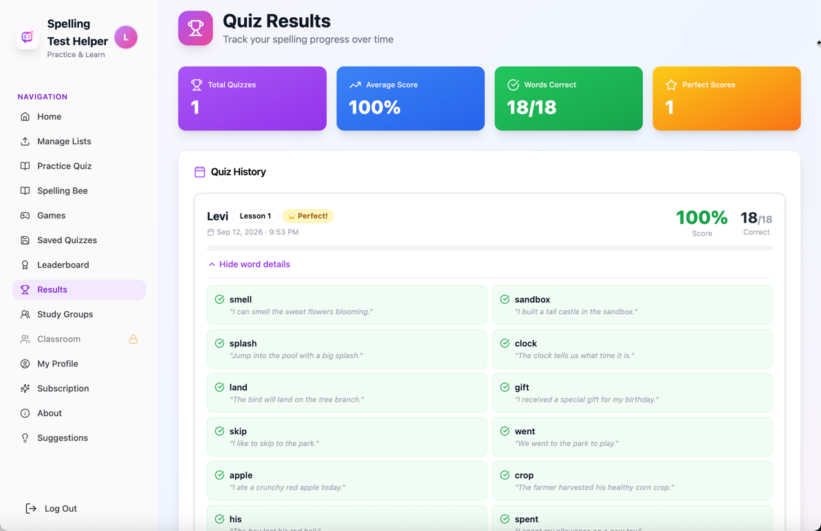 Quiz Results page with summary cards and word-by-word answer history