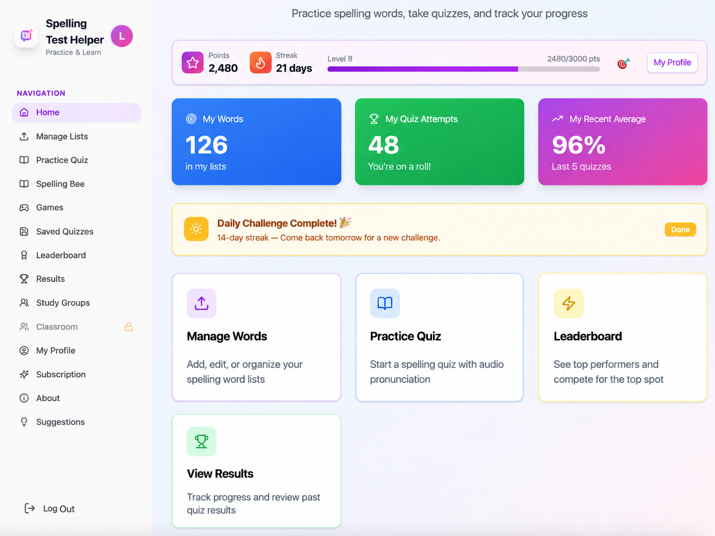 Spelling Test Helper home dashboard showing points, streak, level progress, word and quiz stats, daily challenge completion, and quick-action cards