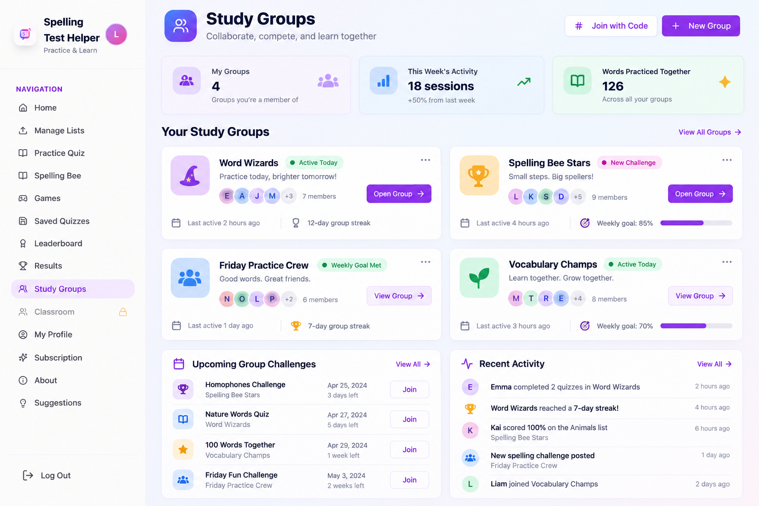 Study Groups page showing group cards, member avatars, upcoming challenges, and recent activity