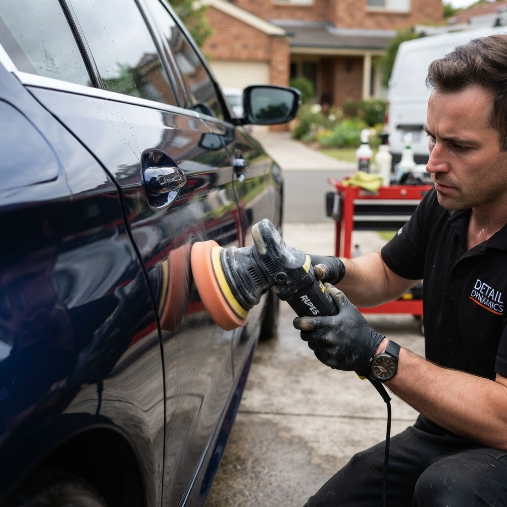 Professional detailer polishing a car