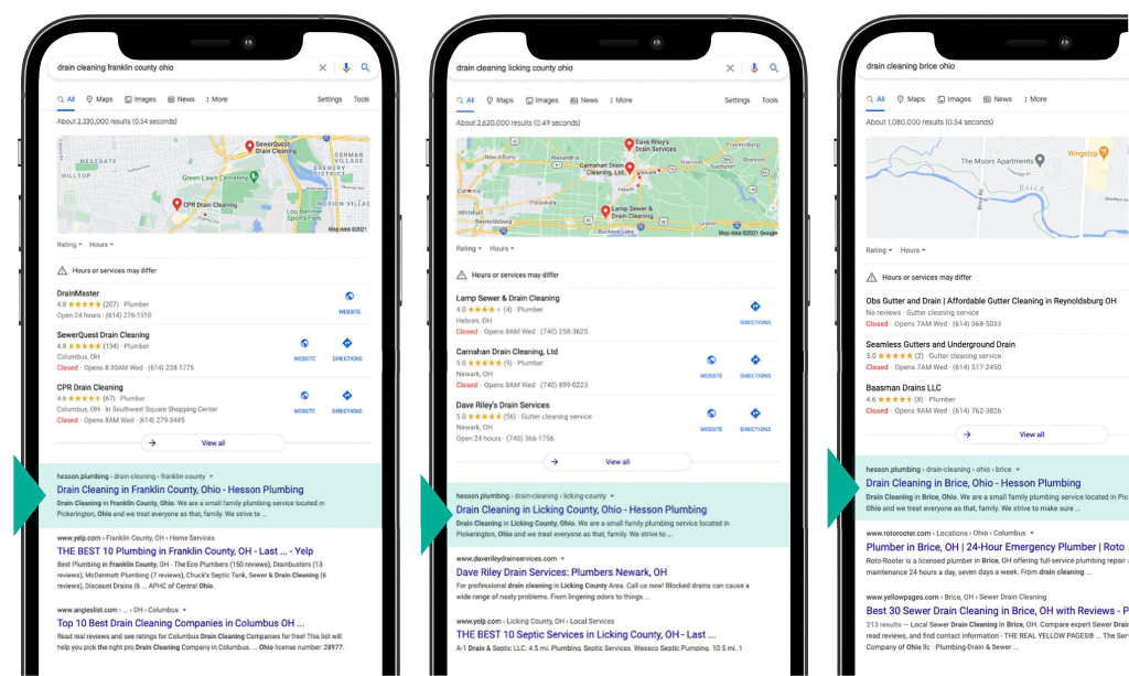 Google Ads search results for plumbing — Peripheral Media client campaign
