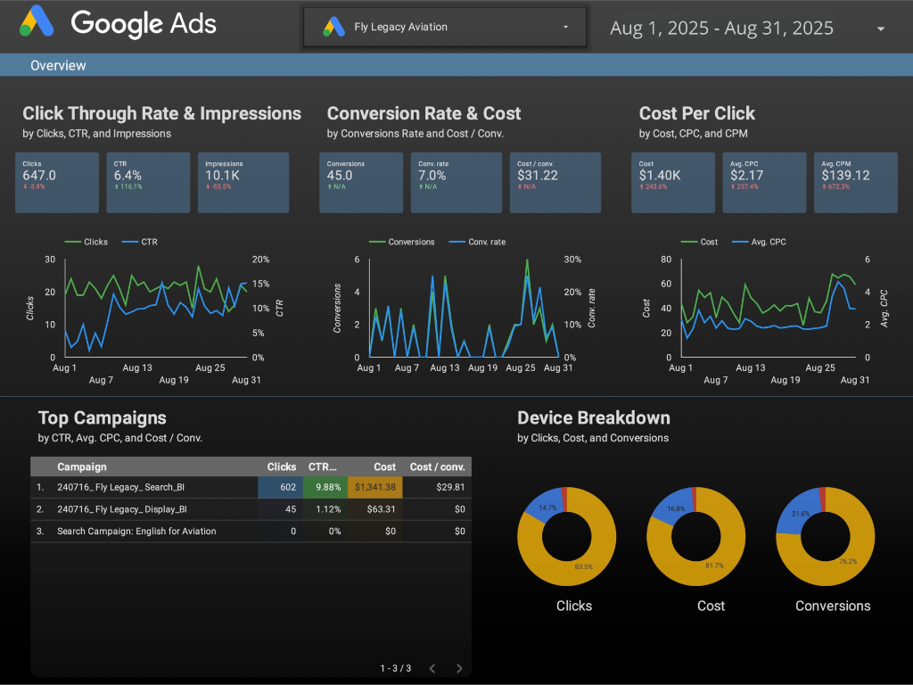 Google Ads performance dashboard — August 2025