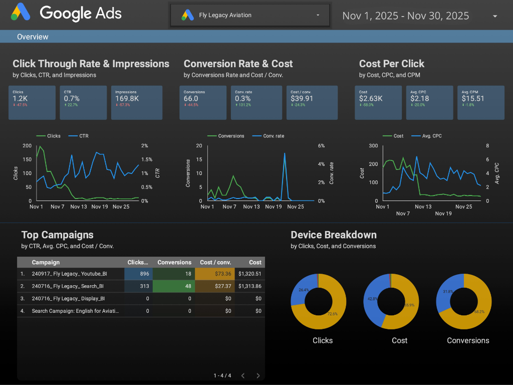Google Ads performance dashboard — November 2025