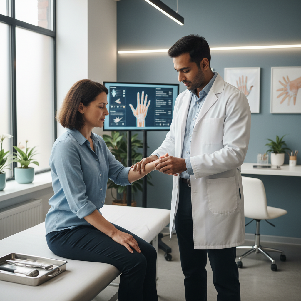 Indian male physician performing musculoskeletal examination on patient