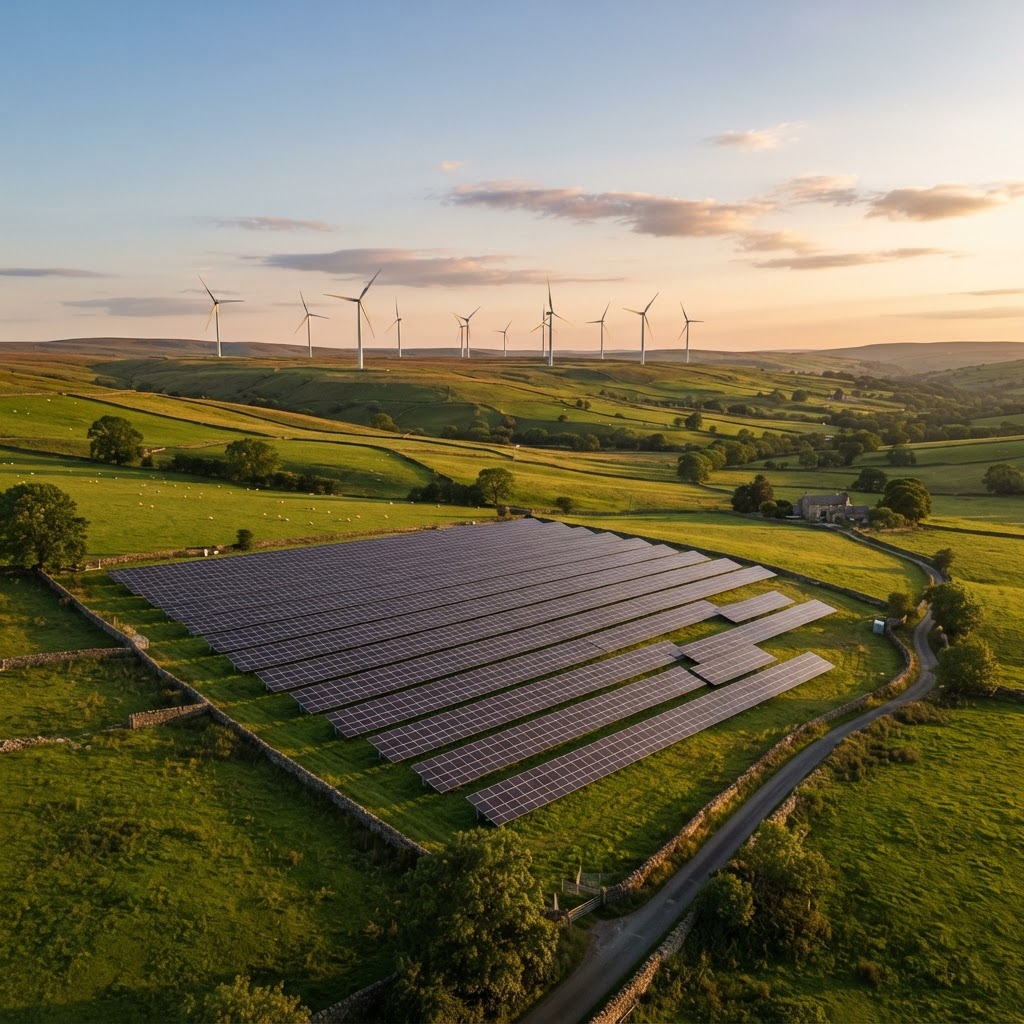 Local renewable energy project with wind turbines and solar panels in the UK countryside