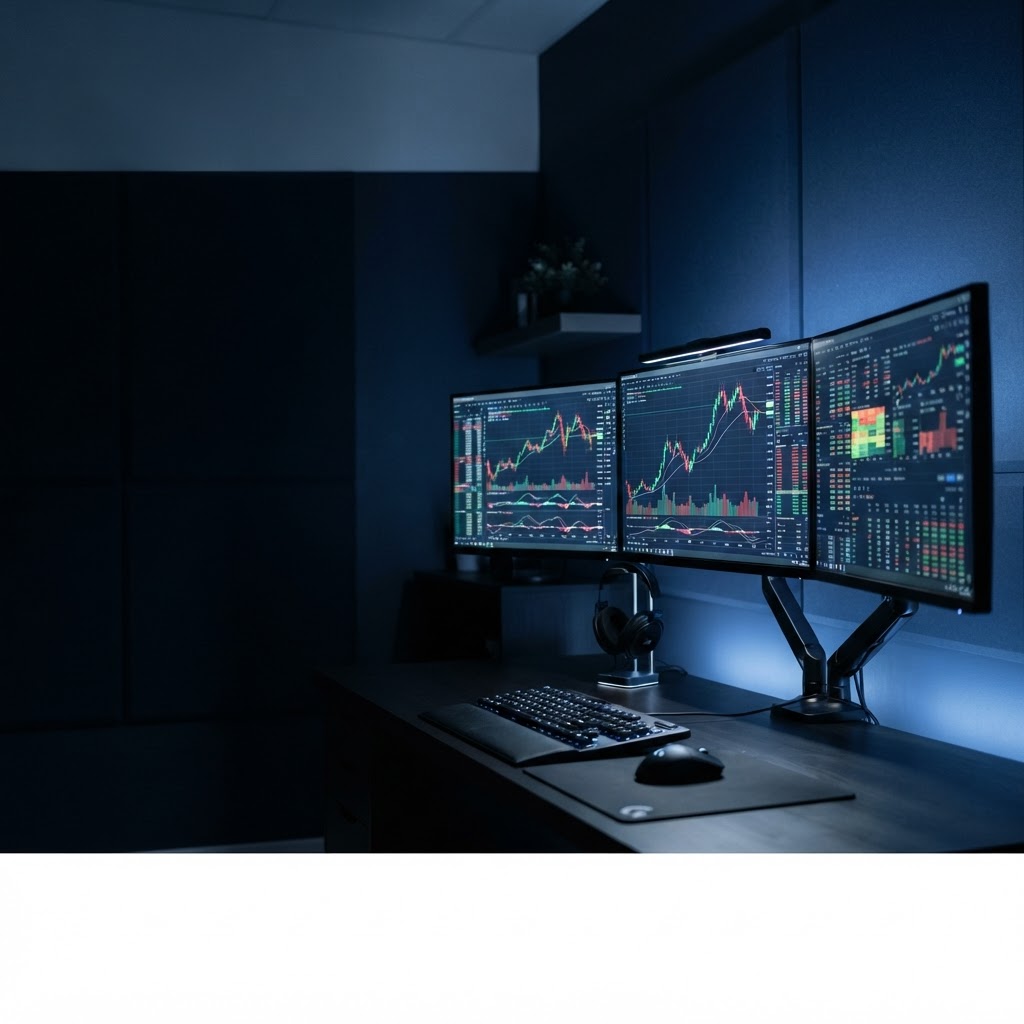 Professional trading desk with market charts