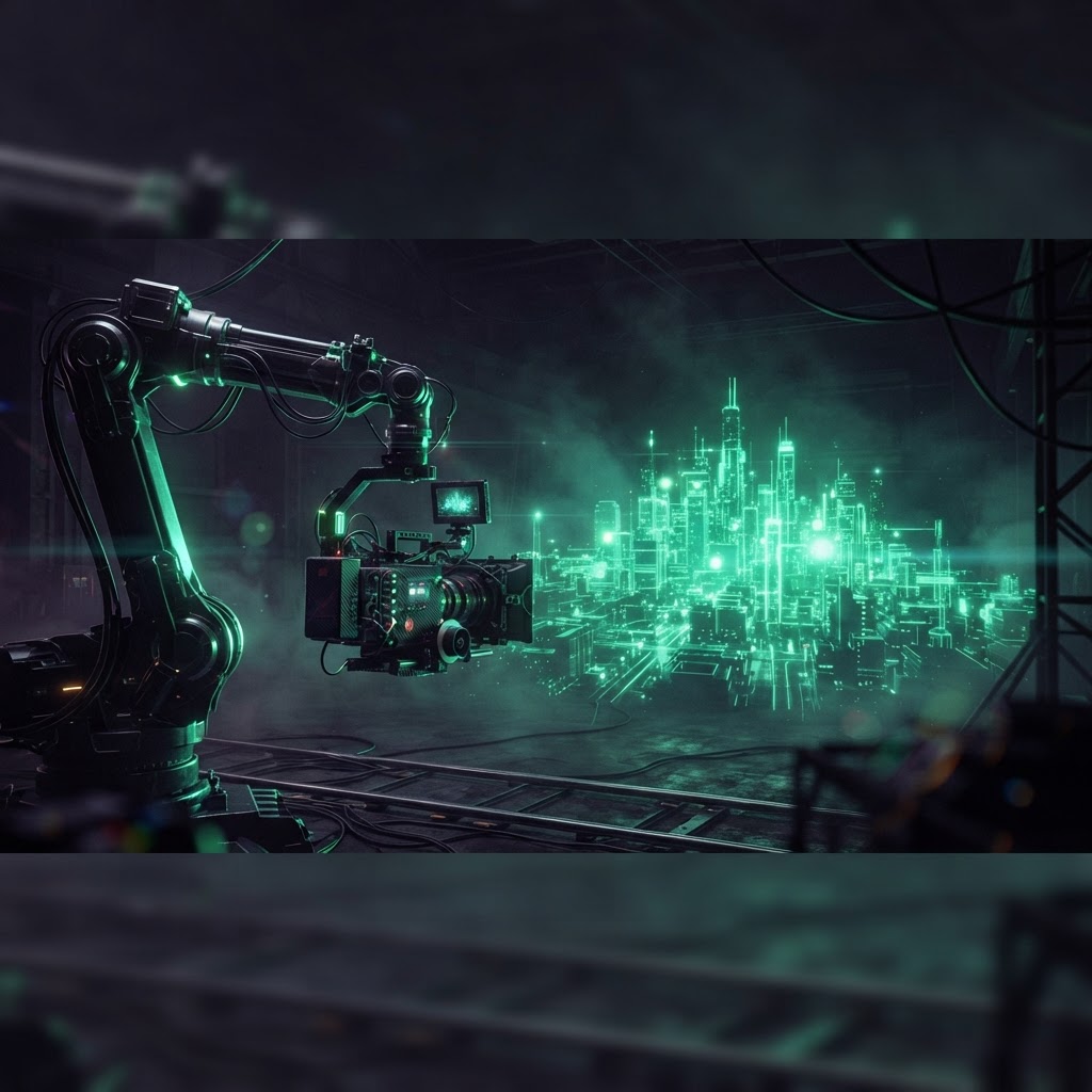 Robotic film camera on a crane filming a glowing neon-green cityscape