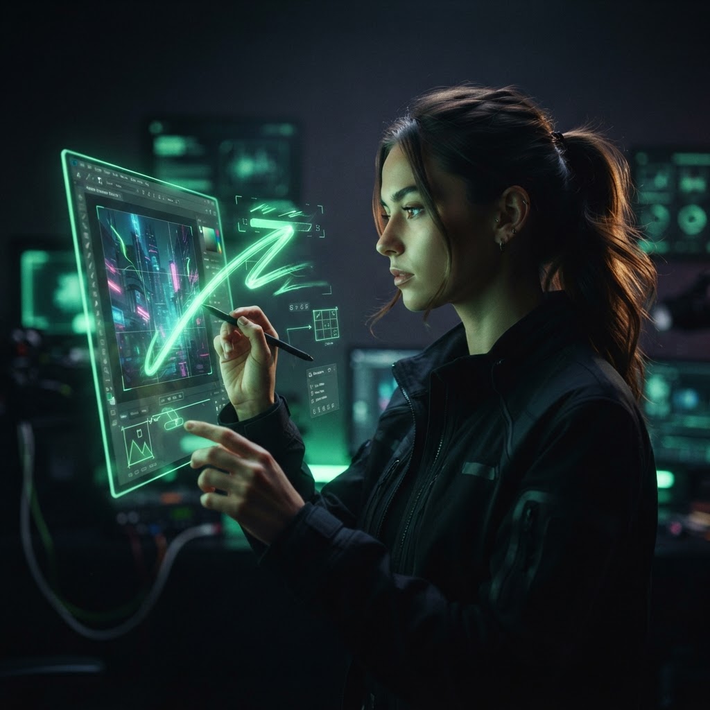Futuristic designer editing an image on a glowing glass canvas