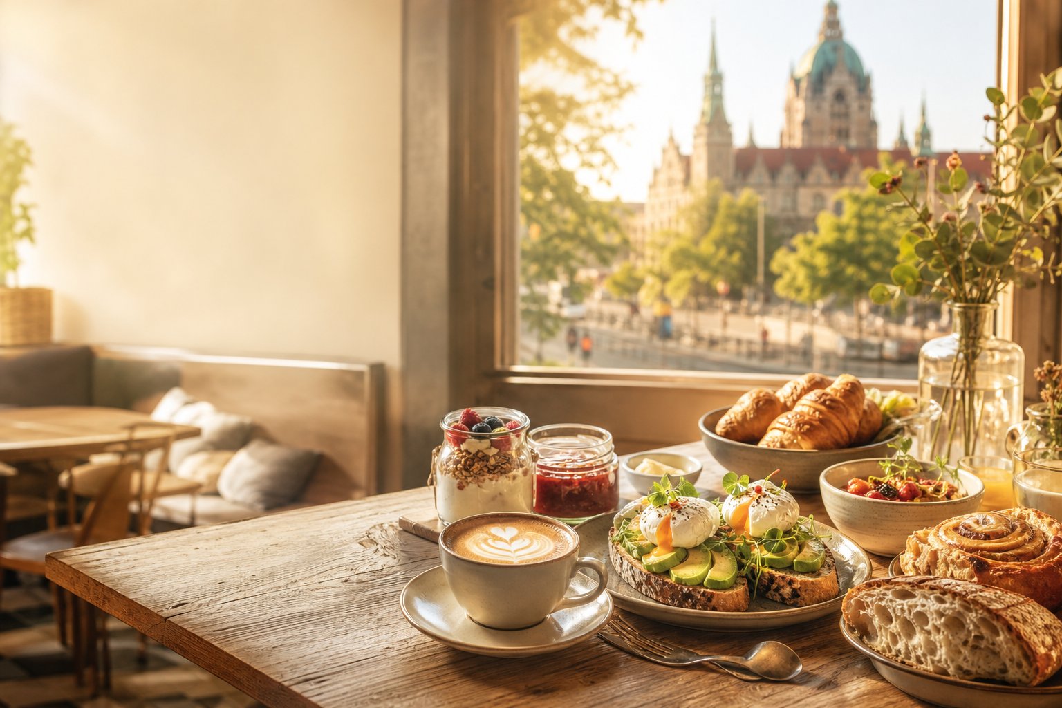 Frühstückstisch mit Avocado-Toast, pochierten Eiern, Croissants und Cappuccino, im Fenster das Neue Rathaus in Hannover
