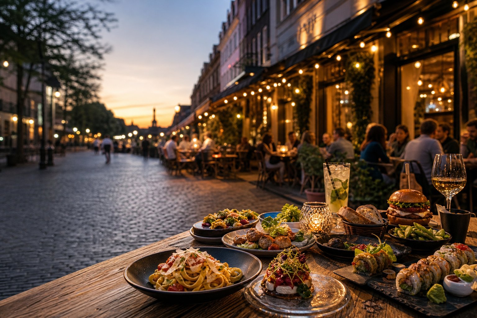 Restaurantterrasse in Hannover am Abend mit Pizza, Burger, Sushi und Pasta auf dem Tisch