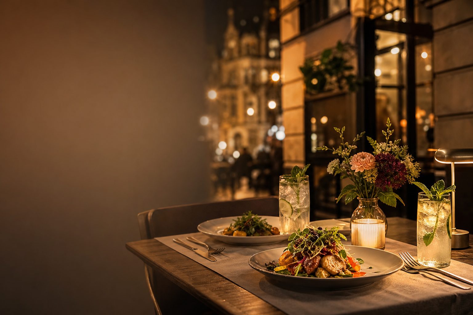 Gedeckter Tisch für zwei mit Kerzenlicht und Drinks in einem Restaurant in Hannover, im Hintergrund das Rathaus bei Nacht