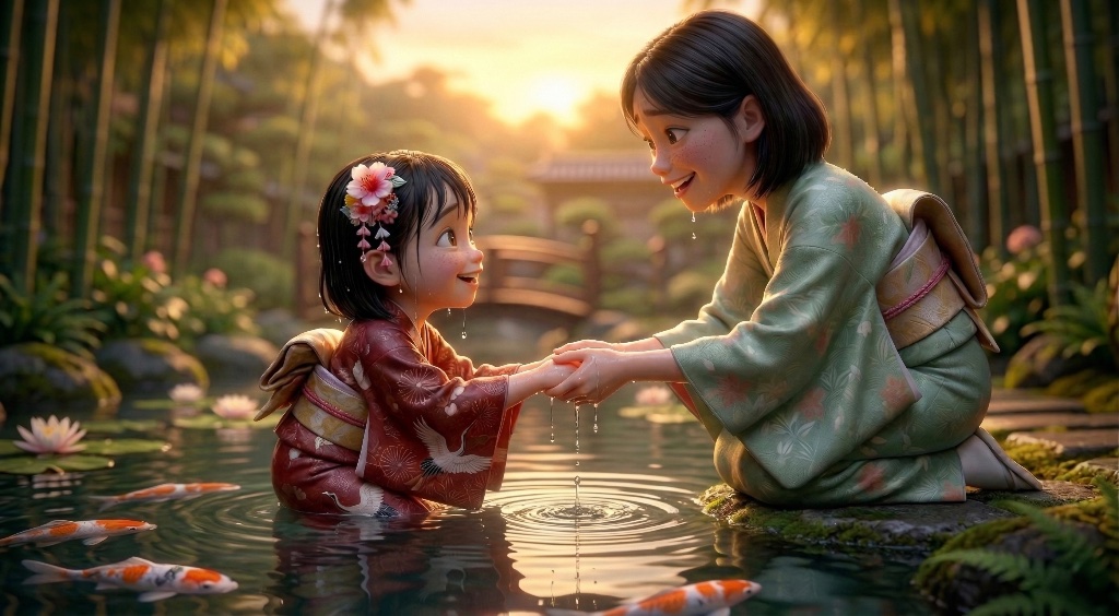 Shoji Story — Mother and daughter in koi pond