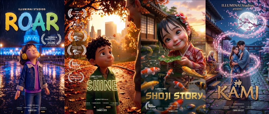 ILLUMINAI Studios film lineup — ROAR, SHINE, Shoji Story, and KAMI