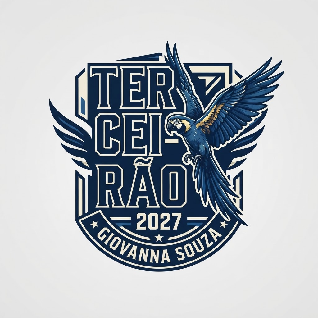 Crie uma camiseta de uniforme escolar personalizado para terceirão. Cor principal azul escuro, detalhes em creme, nome do aluno da parte inferior das costas e escrito "Terceirão" (uma sílaba embaixo da outra) com uma arara azul grande de asas abertas (como se fosse um rasante, onde as duas asas aparecem) na lateral da escrita e "2027" pequeno abaixo de terceirão. Com personalidade forte, imponente e marcante, sem detalhes muito soltos, mas adicione detalhes que conversem com a ideia e transmitam certeza.