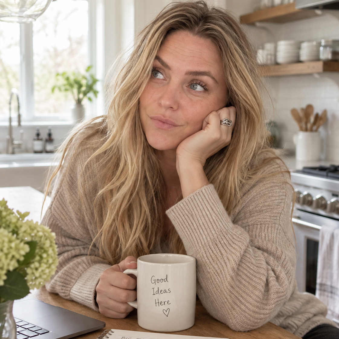 Indiana Gregg sitting at a kitchen table with a Good Ideas Here mug